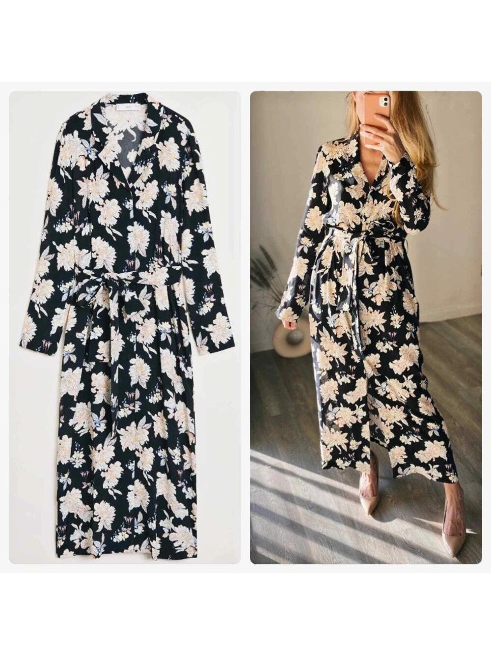 MNG Floral Black Beige Button-Up Maxi Shirt Dress Self-Tie Waist Long Sleeves